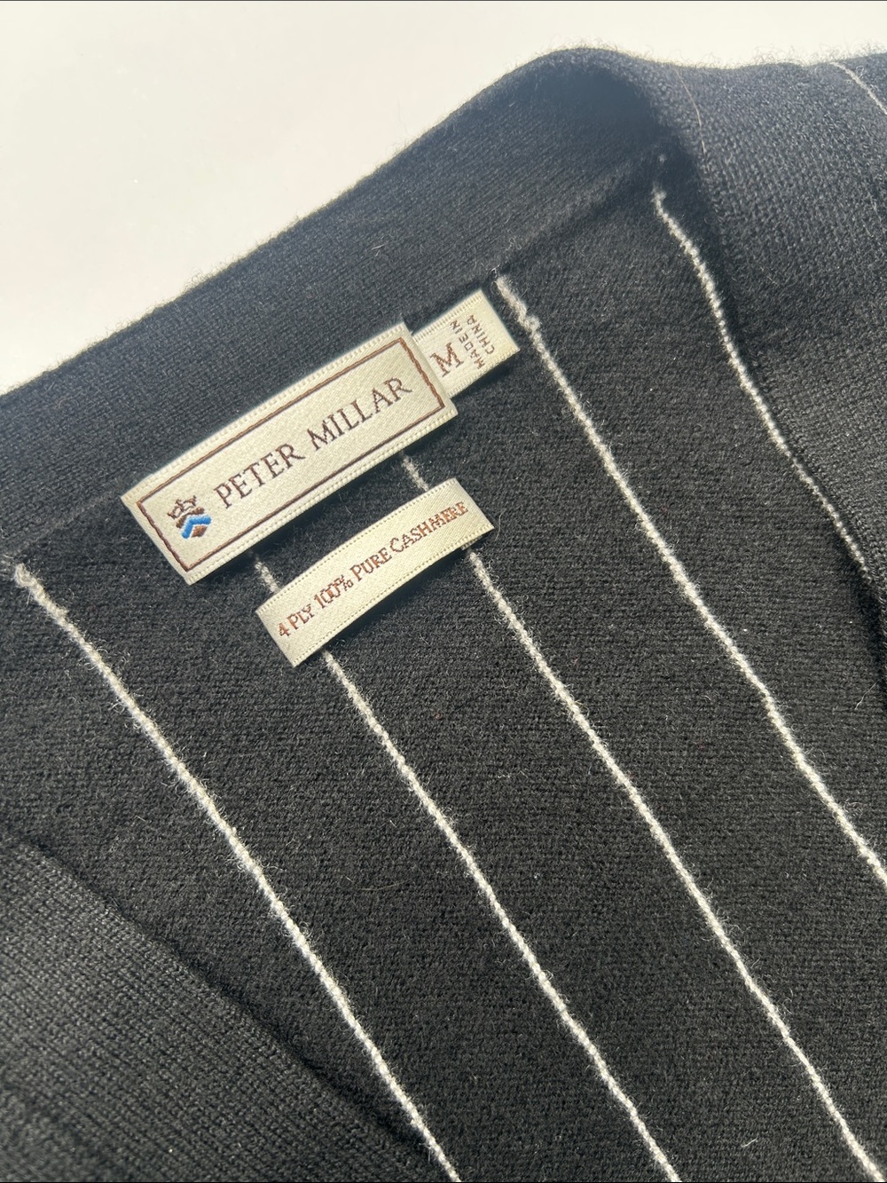 Peter Millar Black V-Neck Cashmere Sweater Vest with White Pinstripes